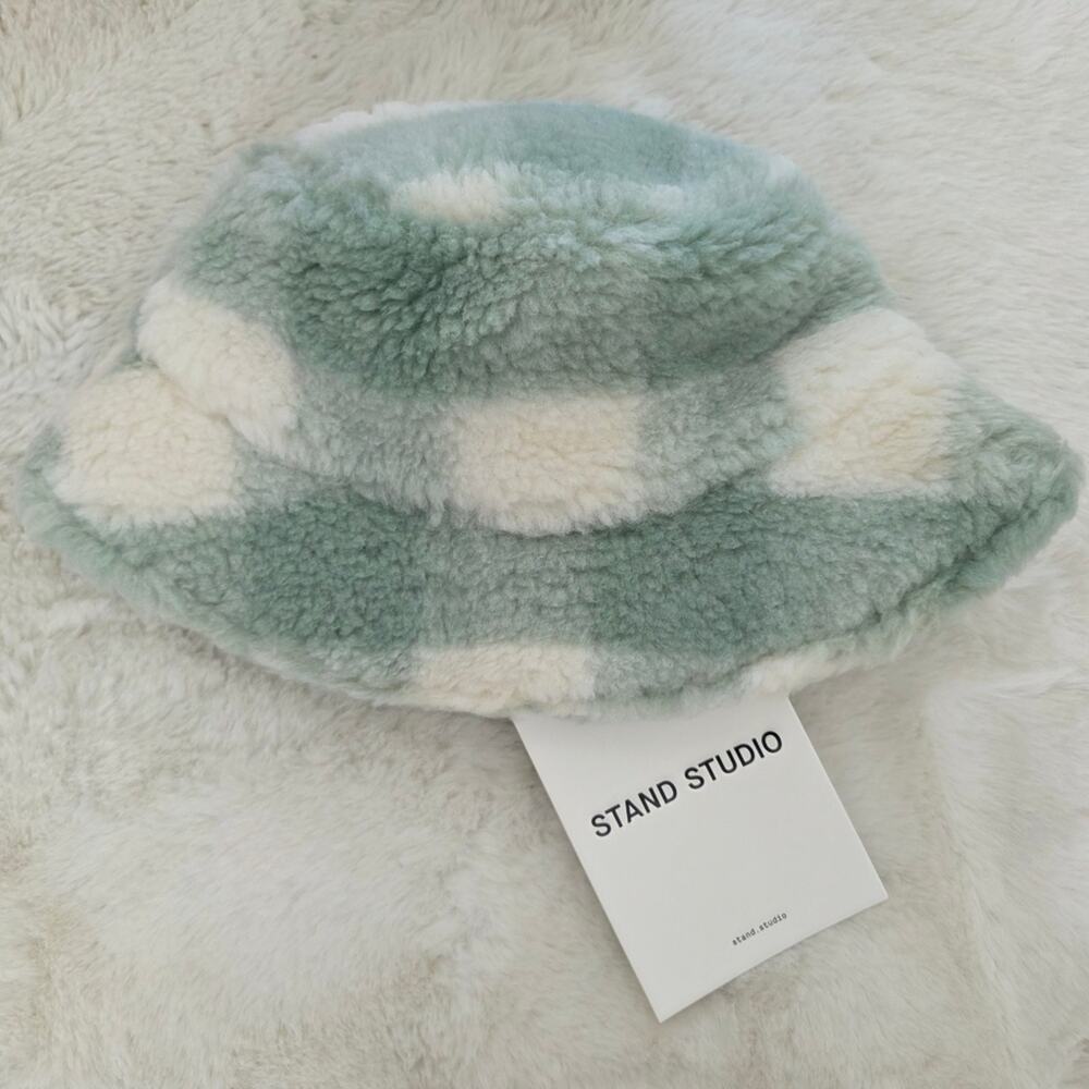 Stand Studio NWT Wera Fuzzy Check Bucket Hat Mint Wool Blend SMALL